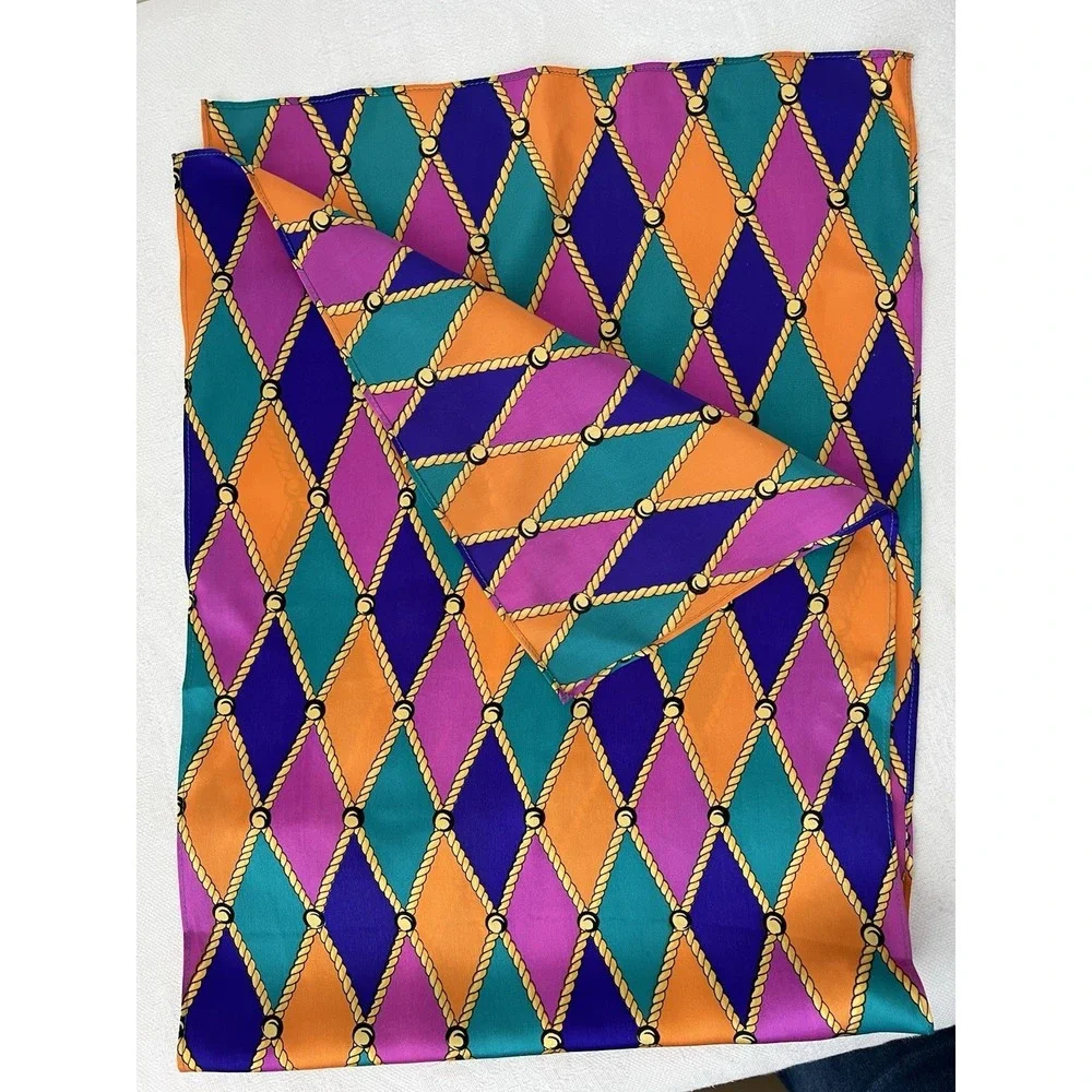 Vintage St John 100% Silk Scarf Harlequin Diamond Gold Rope Colorful